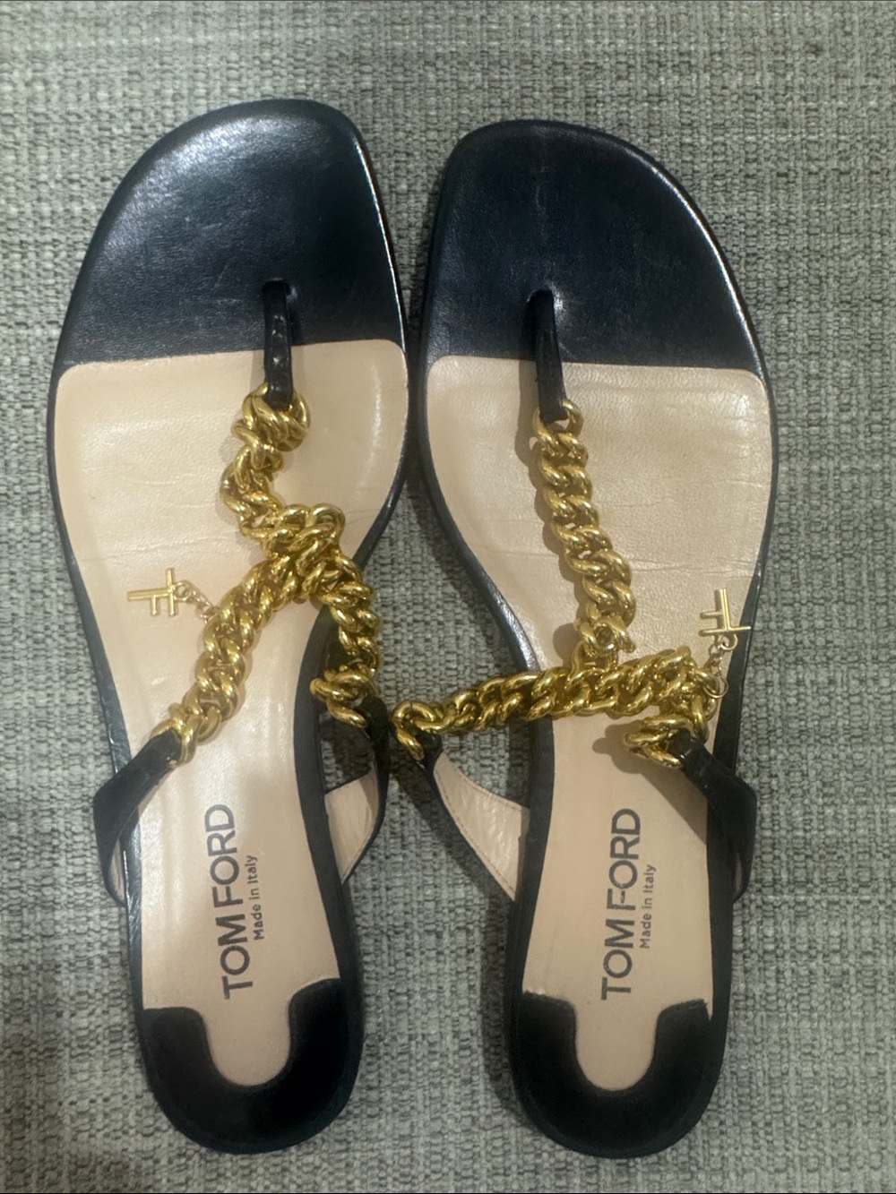 Tom Ford Black Leather Thong Sandals with TF charm